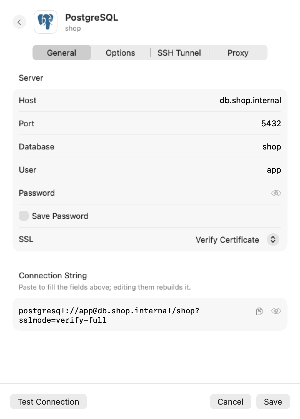 The connection editor on its General page for a saved PostgreSQL connection: host, port, database, user, password with Save Password off, the SSL mode, and the connection string the fields spell.