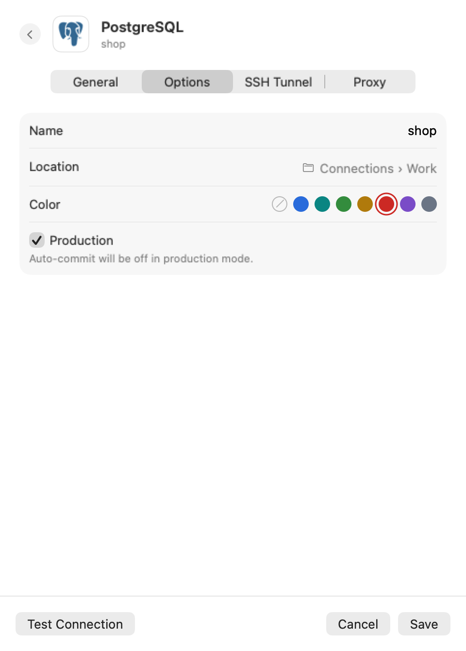 The connection editor on its Options page: the name, the folder it is filed in, a row of colours with red chosen, and Production ticked.