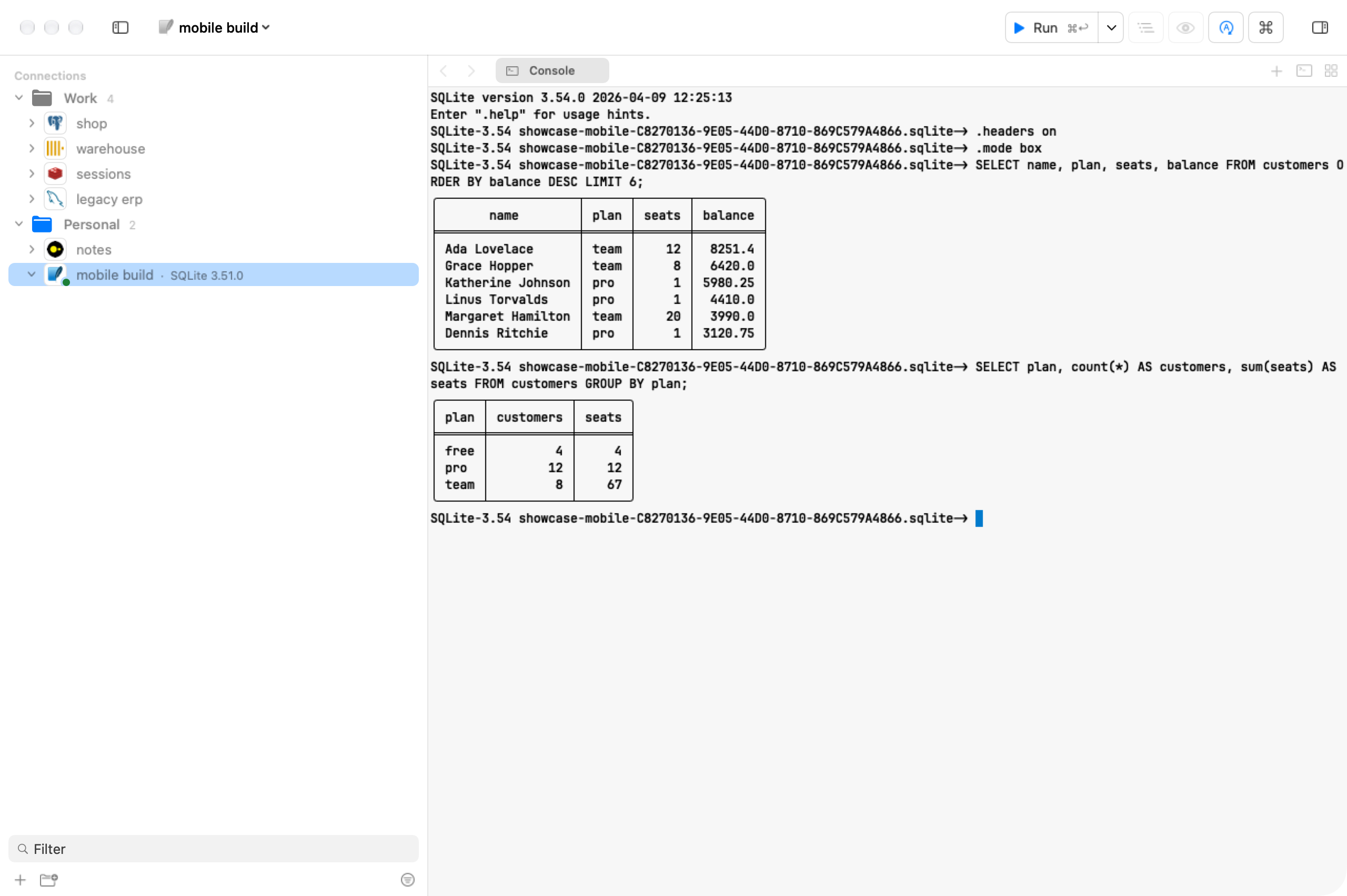 A console tab running sqlite3 on a SQLite file, with two queries answered in the client's own box tables.