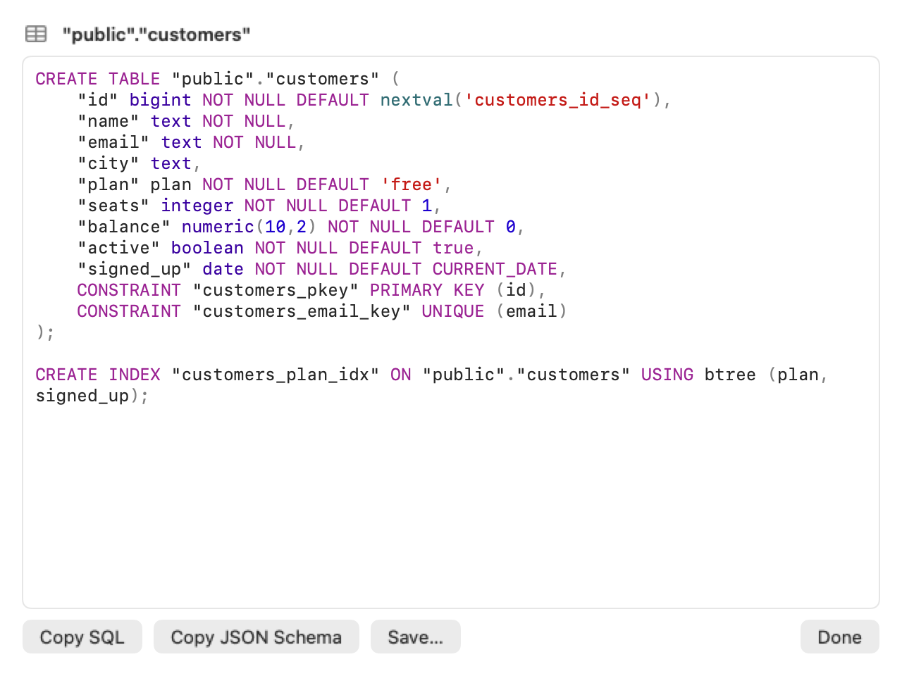 The DDL sheet with the CREATE TABLE statement for customers and its index.
