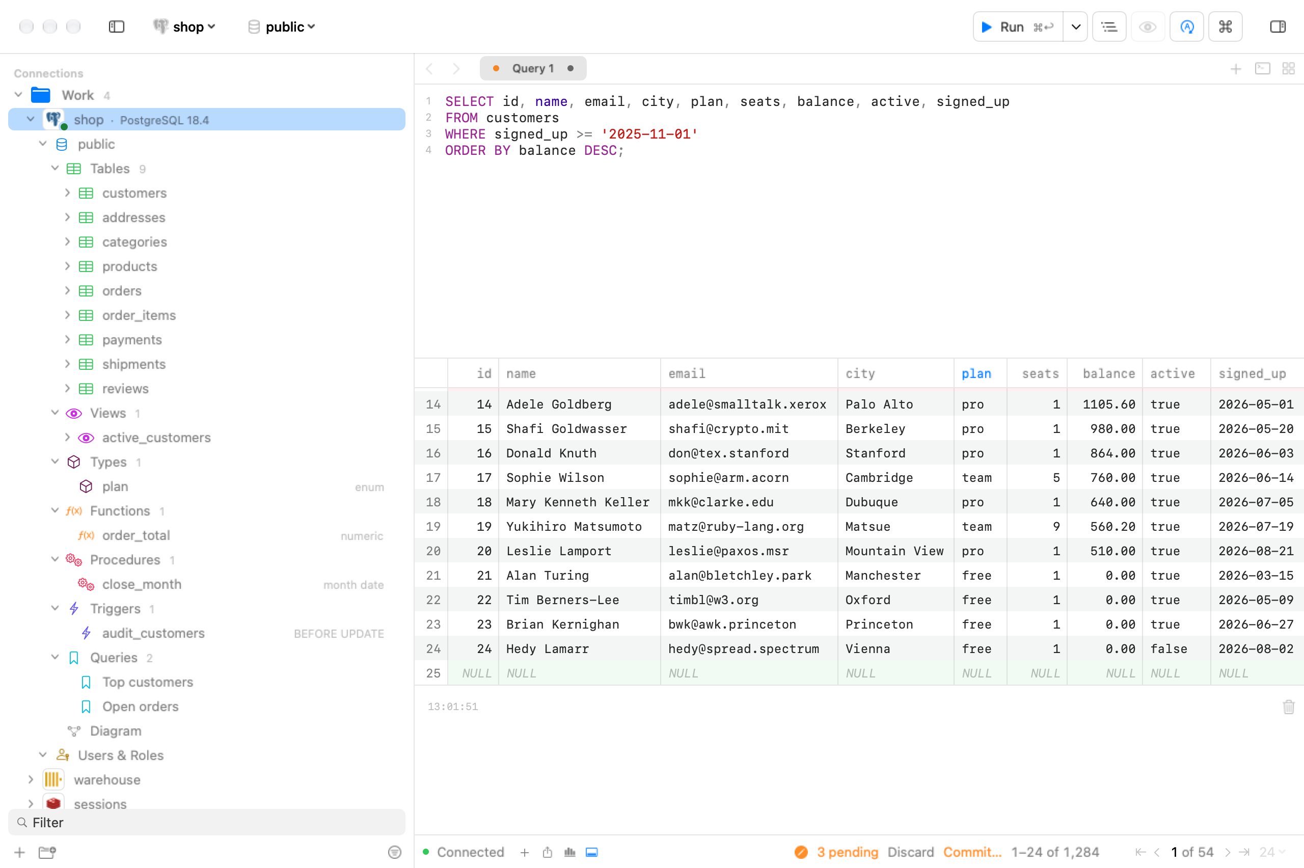 A results grid with an edited cell, a row marked for deletion and a new row, with 3 pending changes in the status bar.