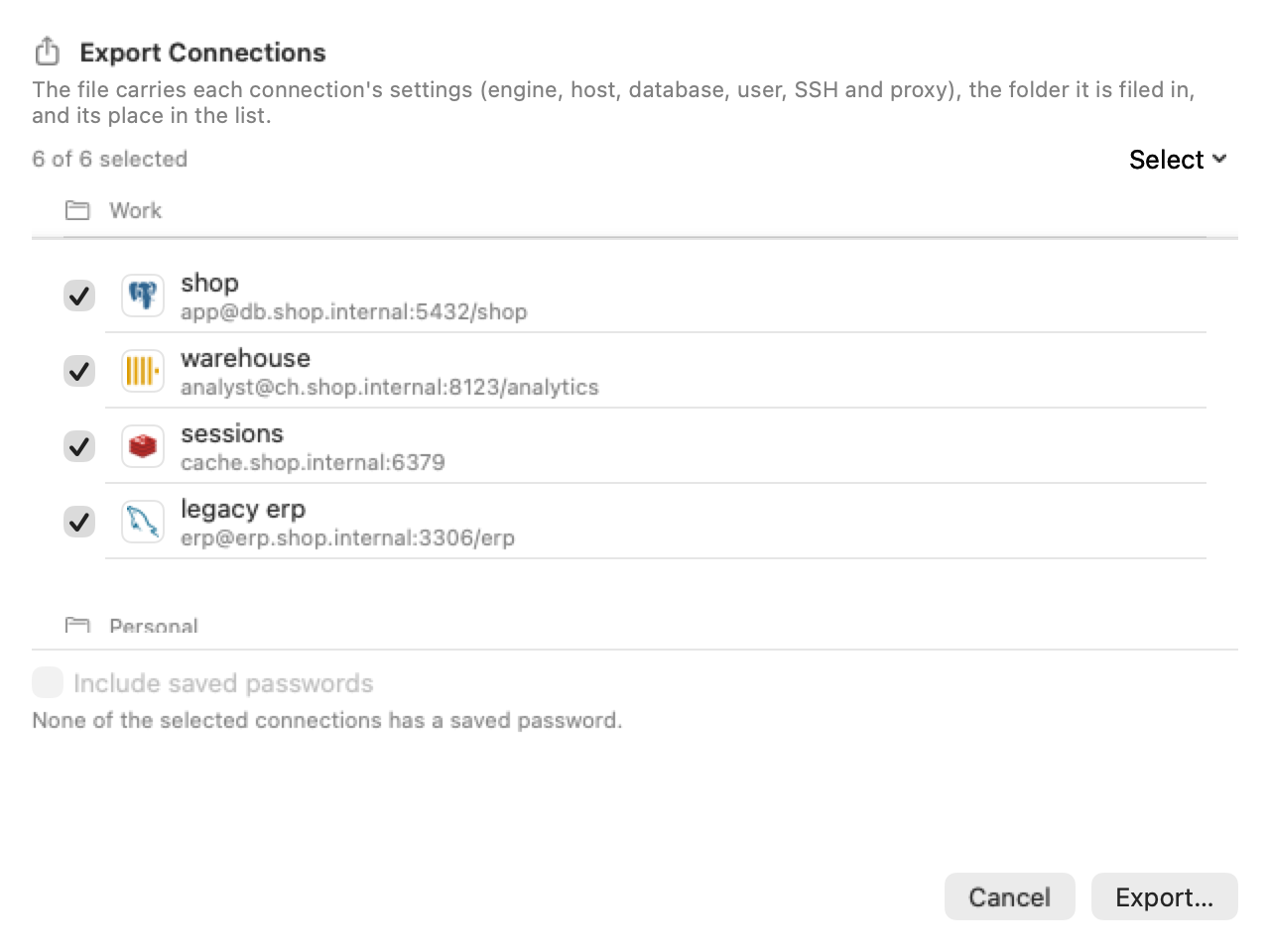 The Export Connections sheet: the connections of each folder with a checkbox each, six of six selected, and Include saved passwords under the list.