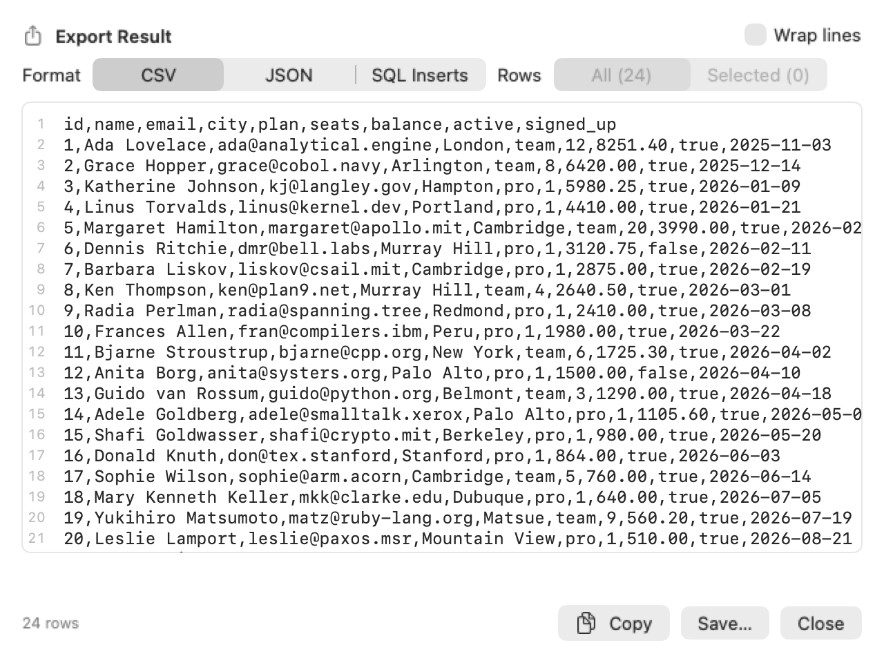 The Export Result sheet with CSV, JSON and SQL Inserts formats and a preview of the rows.