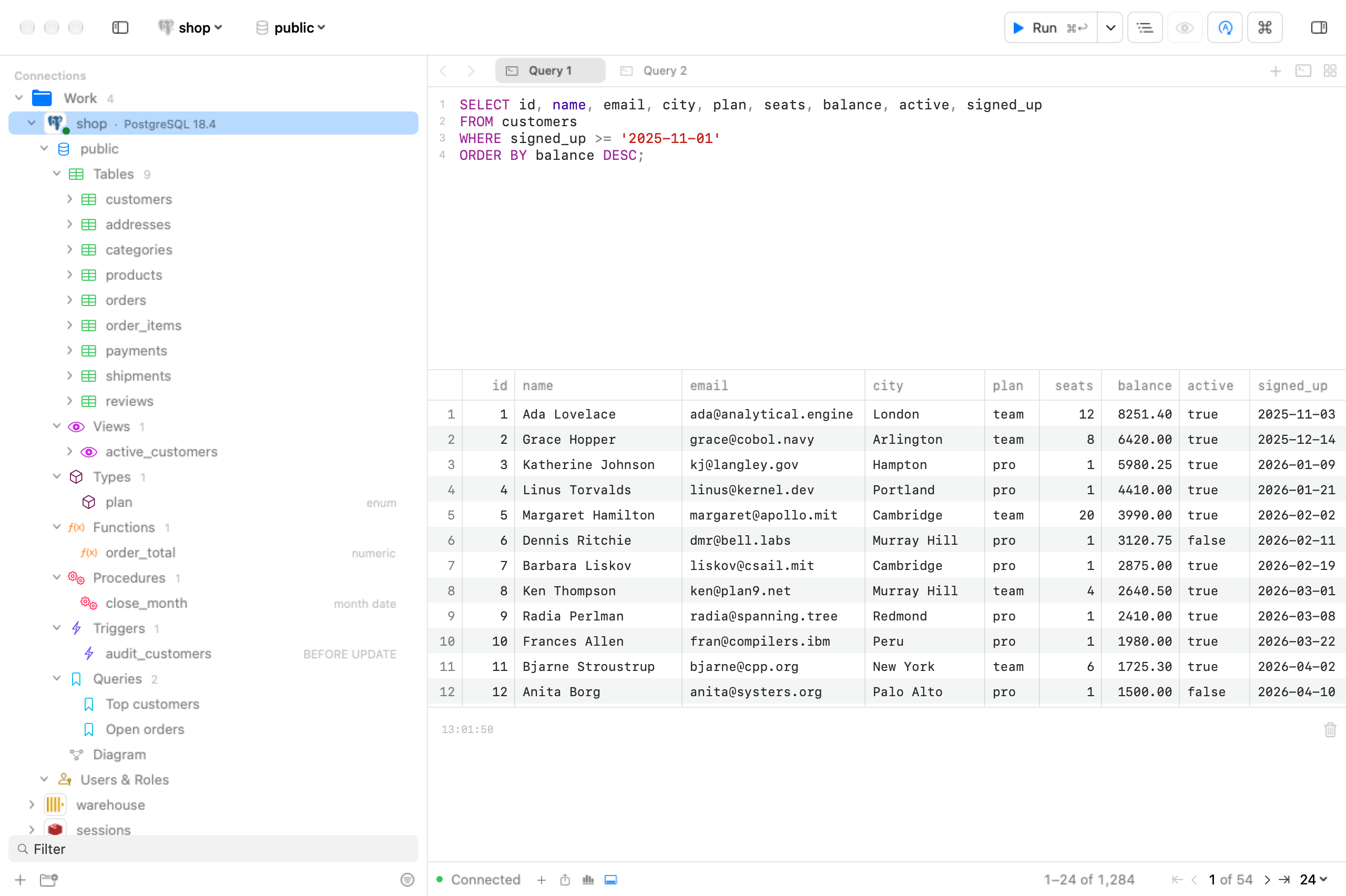 The DBClient main window: a sidebar with folders of connections and an open PostgreSQL schema, a SQL editor with a highlighted query, and a results grid of customers with a pager in the status bar.