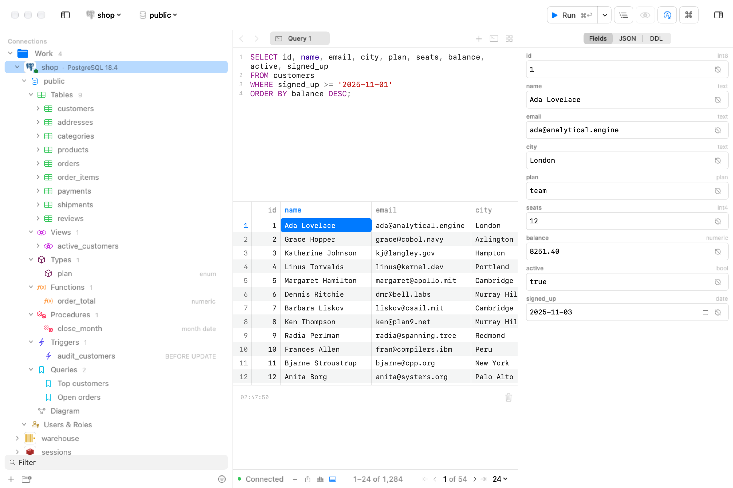The main window with the inspector open on the right, on its Fields page: the selected customer as a form, one field per column.