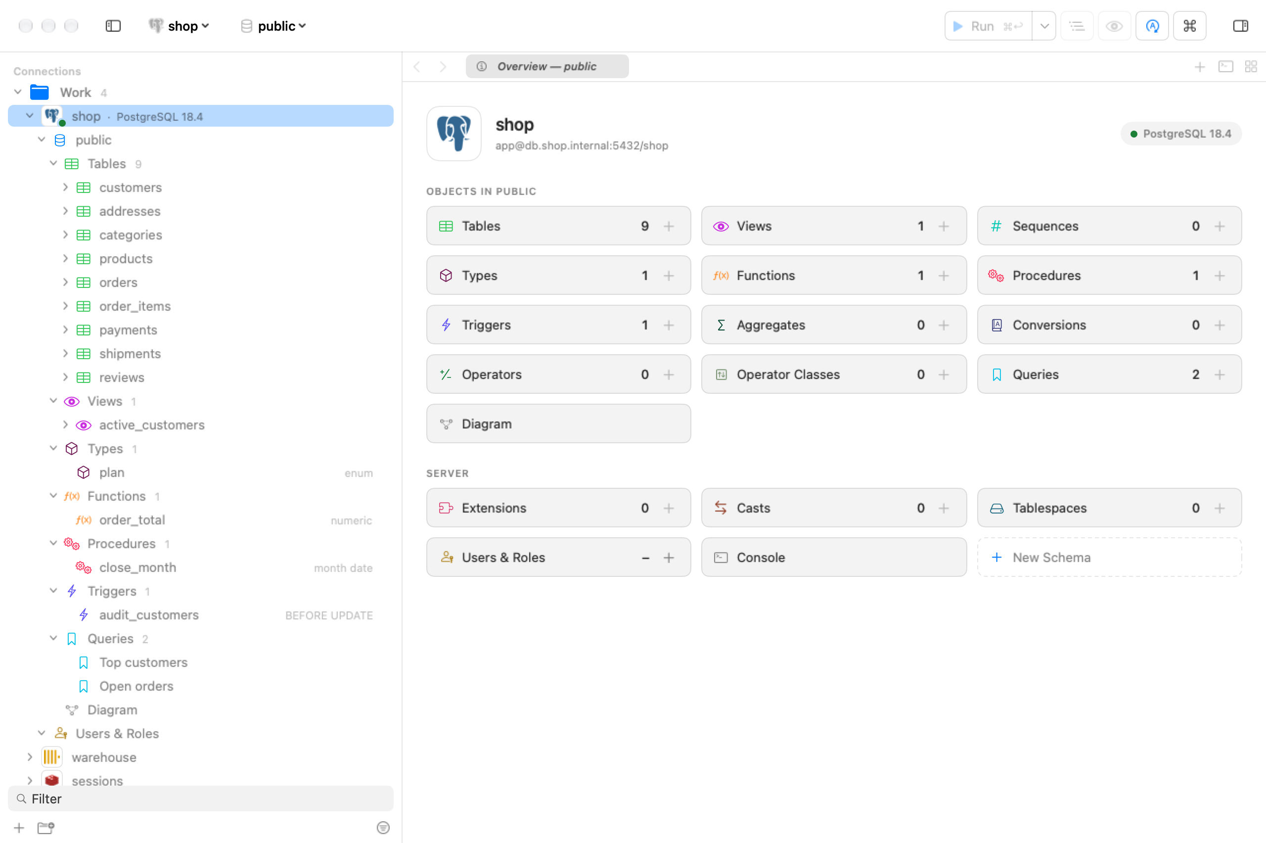 The Overview tab for the shop database: cards for tables, views, functions and other object kinds with counts.