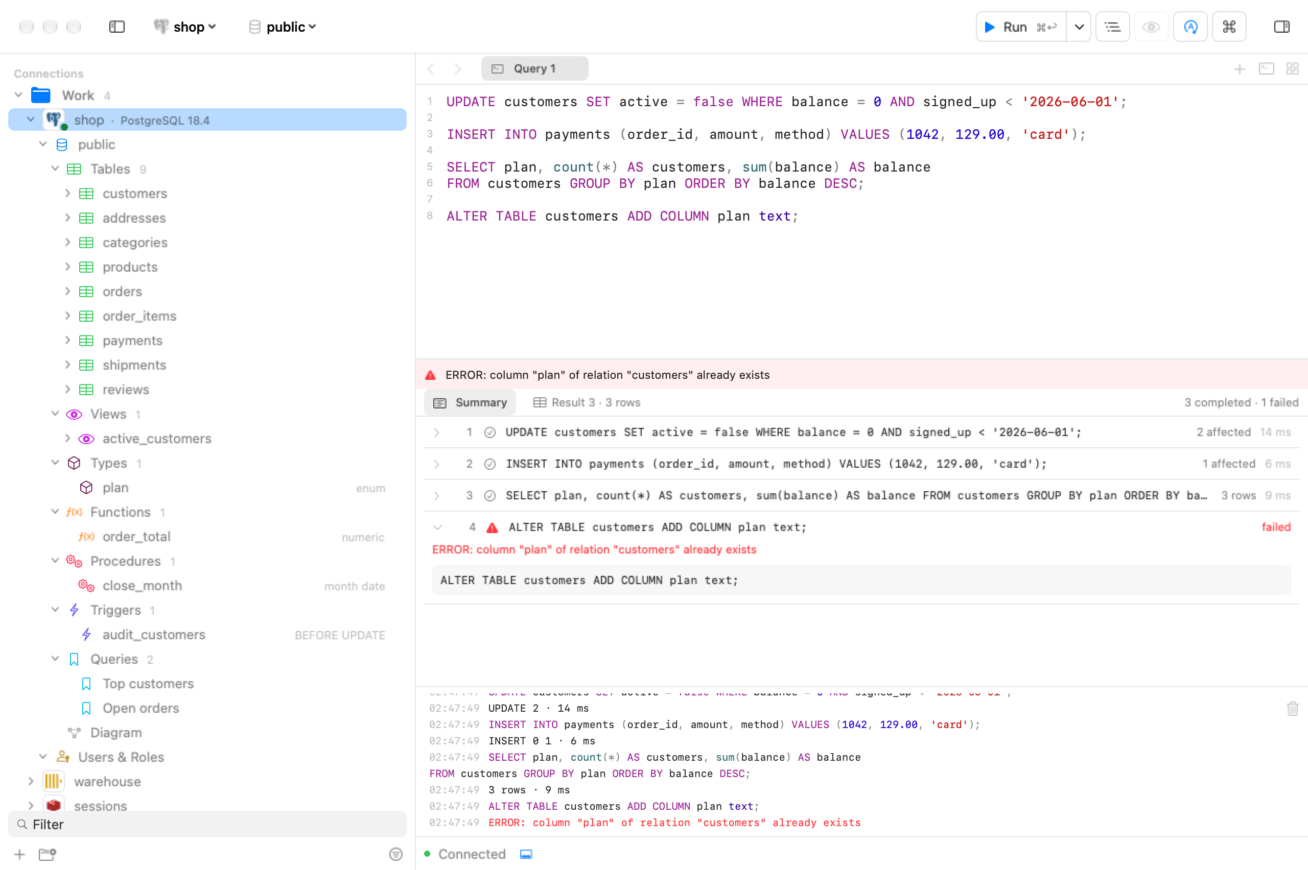 A query tab after a script of four statements: the Summary lists each statement with a check mark or a failure and its time, and the strip above it offers Result 3, the one statement that returned rows.