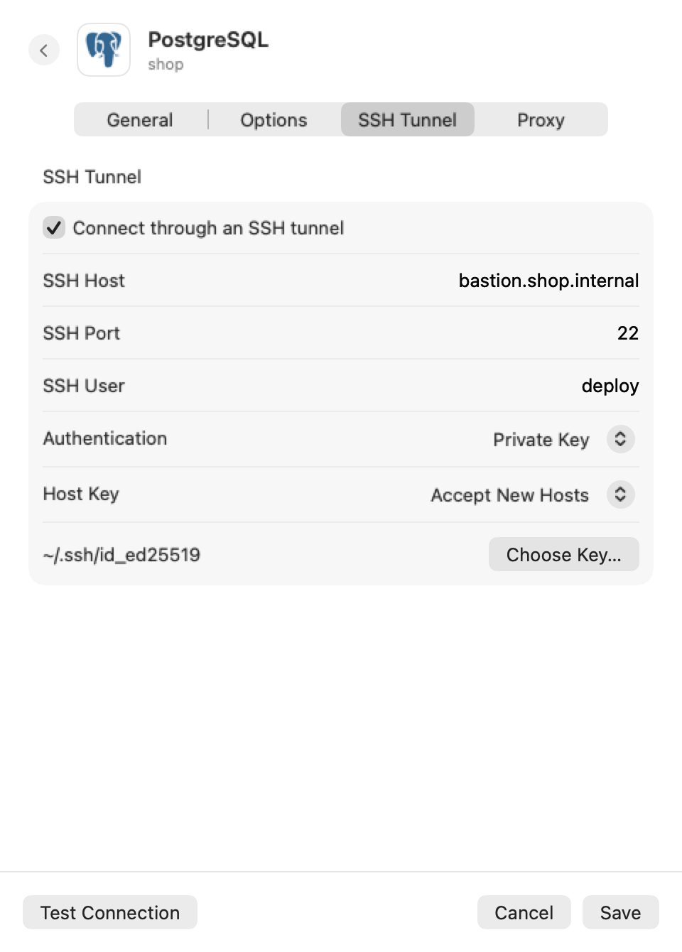 The connection editor on its SSH Tunnel page: the tunnel switched on, an SSH host, port and user, Private Key chosen with a key file, and the Host Key policy.