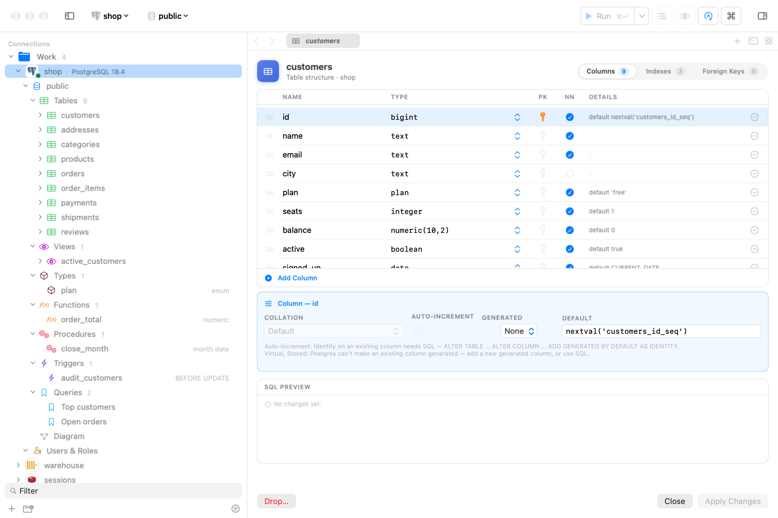 The table structure designer for customers with columns and keys, a form beneath the rows for the selected column’s collation, default and generated settings, and a SQL preview.